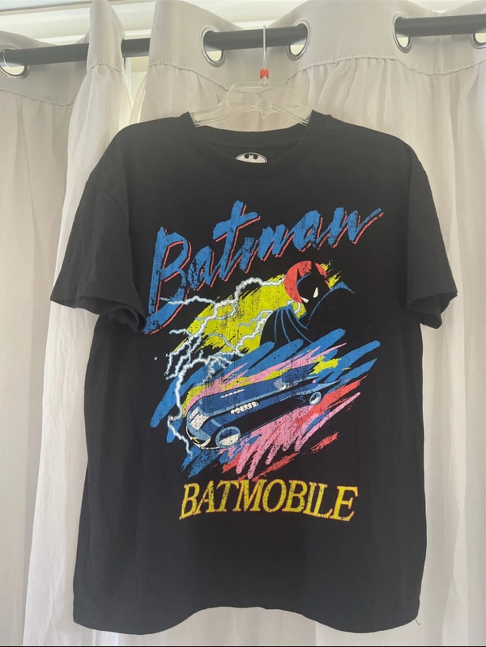 Batman Black Short Sleeve Tee with Multicolor Batmobile Graphic
